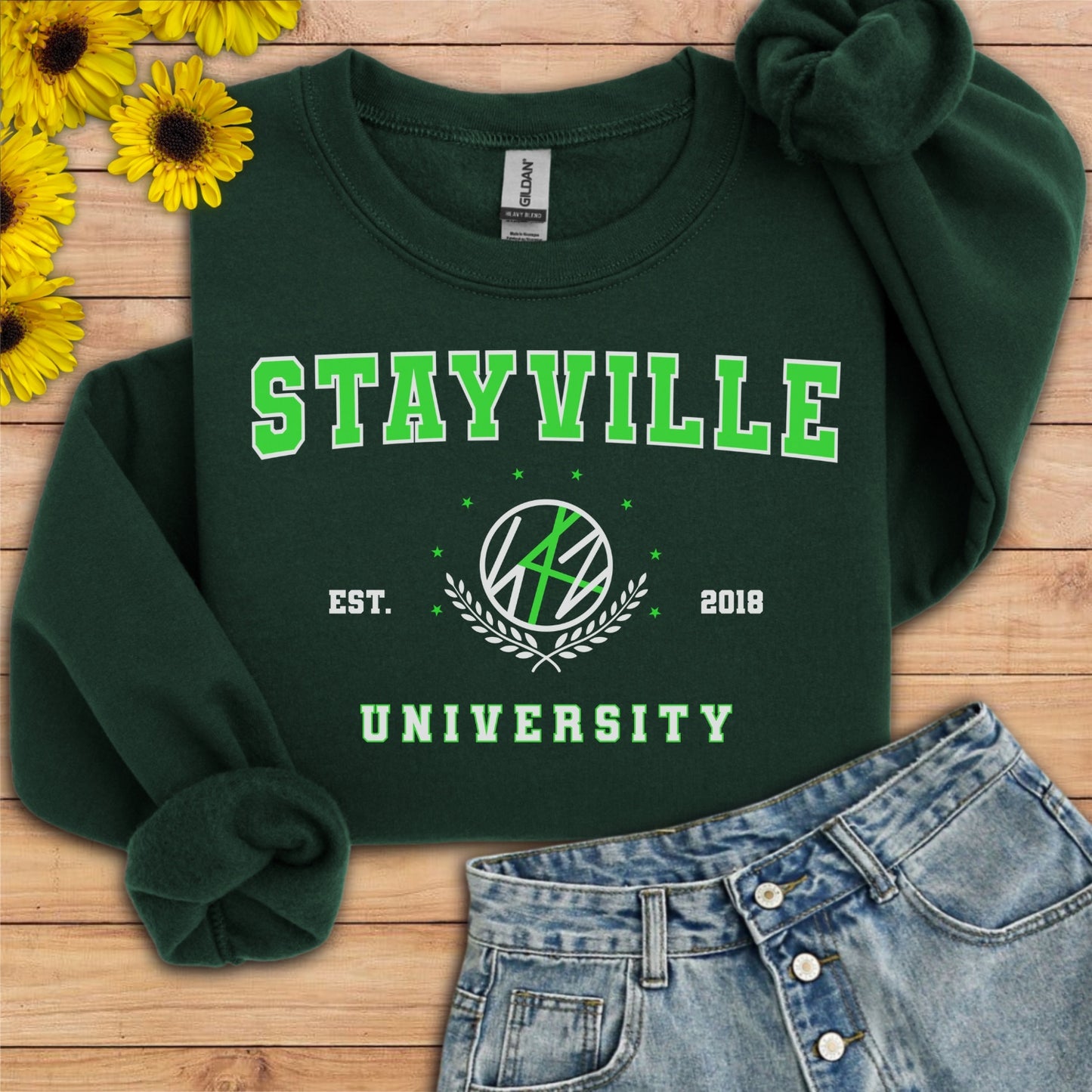 Stray kids: Stayville University green style Unisex Crewneck Sweatshirt